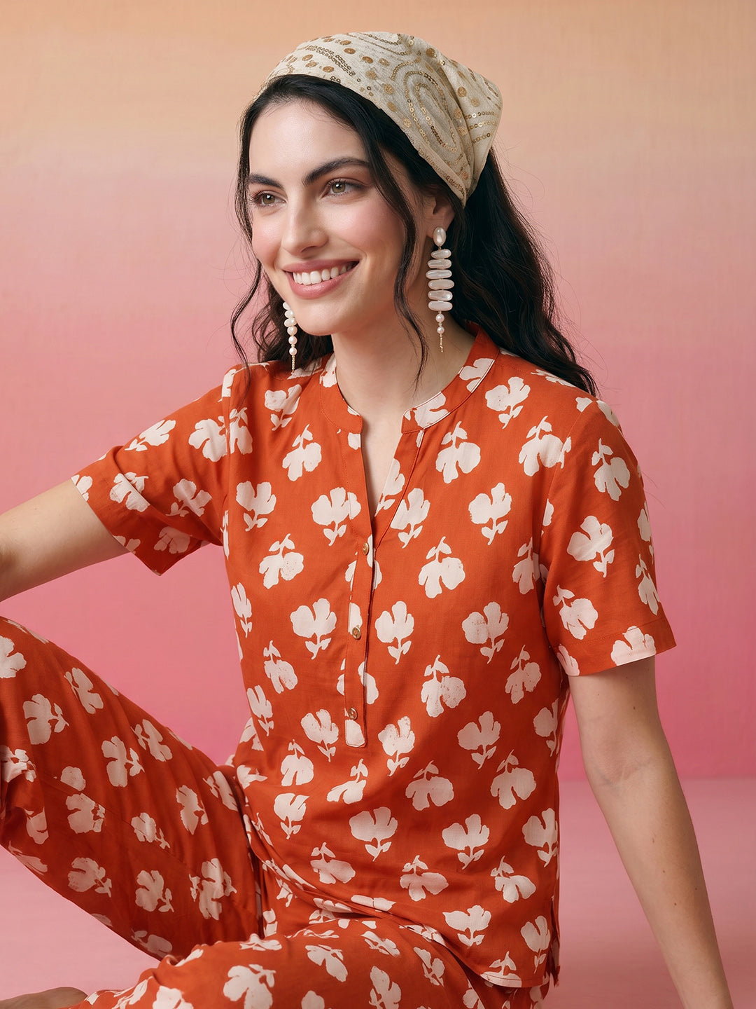Janasya Orange Straight Cotton Pant Co-ord Sets - Dista