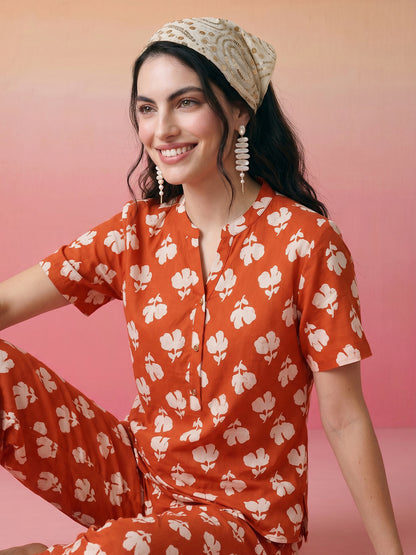 Janasya Orange Straight Cotton Pant Co-ord Sets - Dista