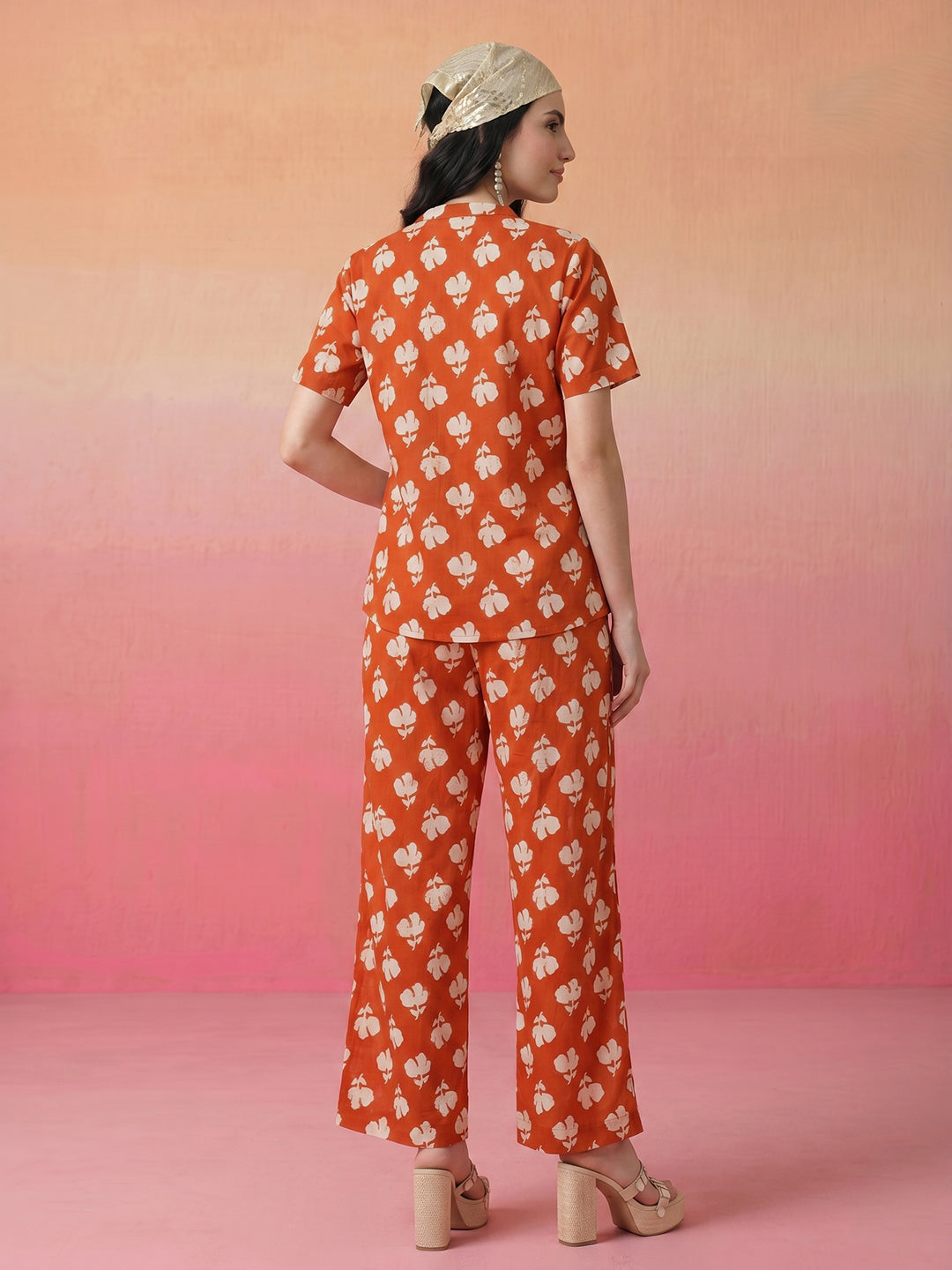 Janasya Orange Straight Cotton Pant Co-ord Sets - Dista