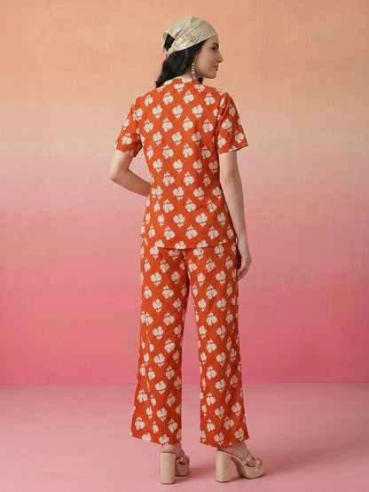 Janasya Orange Straight Cotton Pant Co-ord Sets - Dista