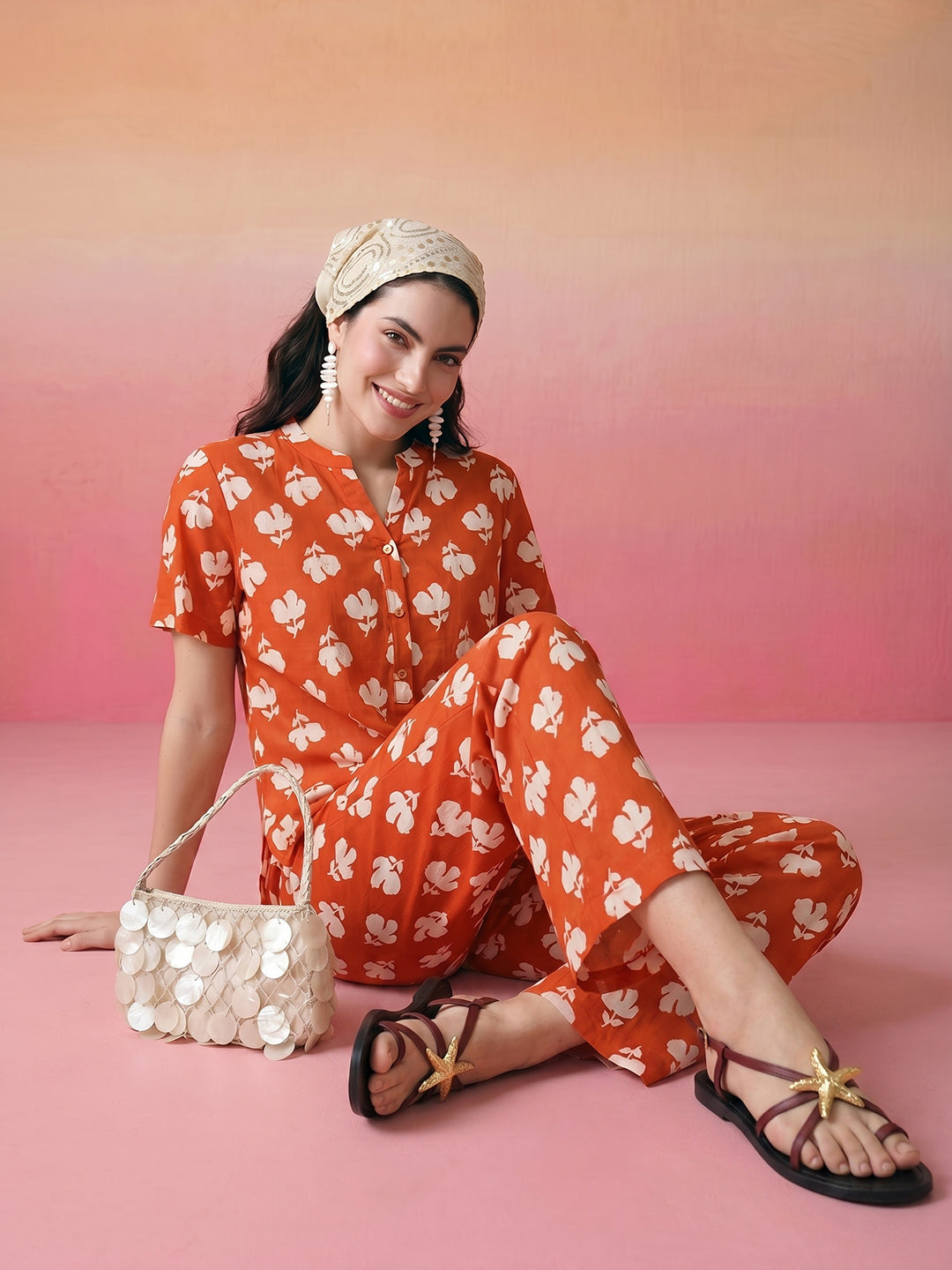 Janasya Orange Straight Cotton Pant Co-ord Sets - Dista