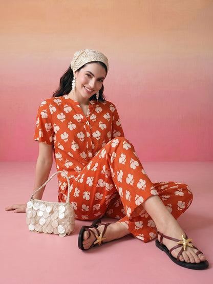 Janasya Orange Straight Cotton Pant Co-ord Sets - Dista