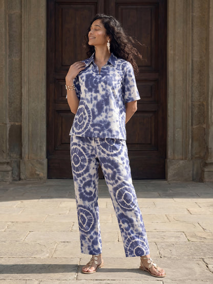 Janasya Navy Blue Straight Cotton Pant Co-ord Sets - Dista