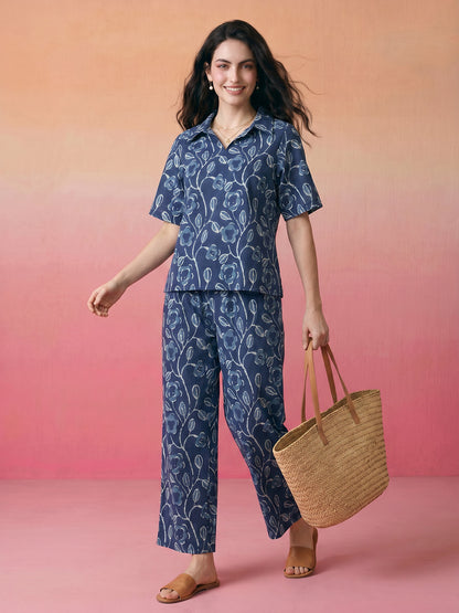 Janasya Navy Blue Straight Cotton Pant Co-ord Sets - Dista