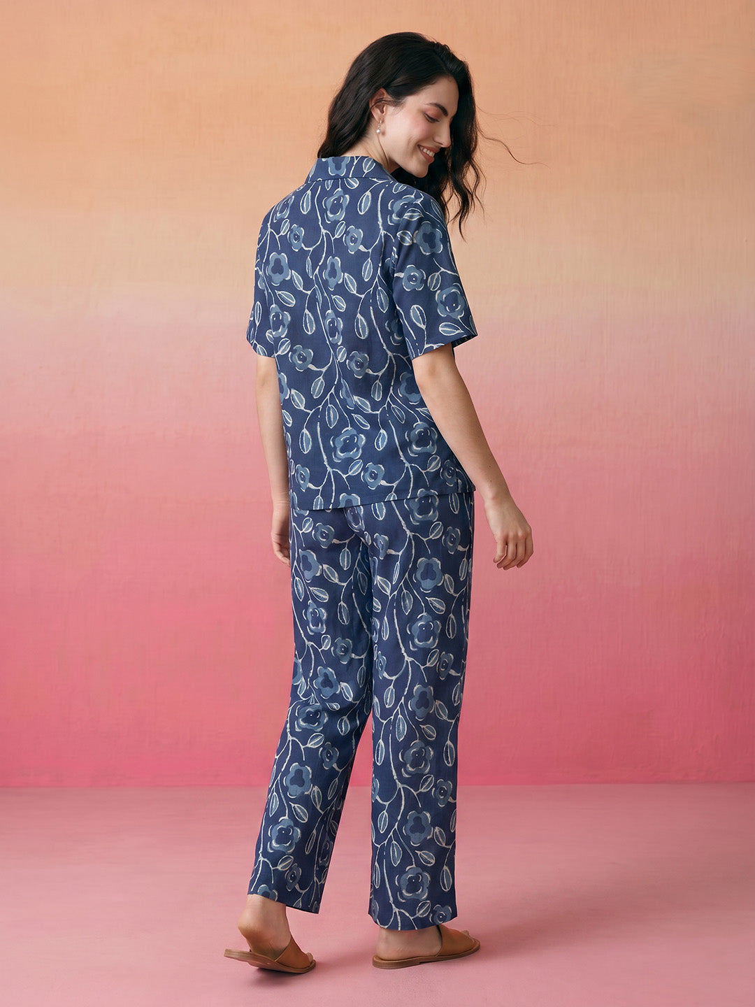 Janasya Navy Blue Straight Cotton Pant Co-ord Sets - Dista