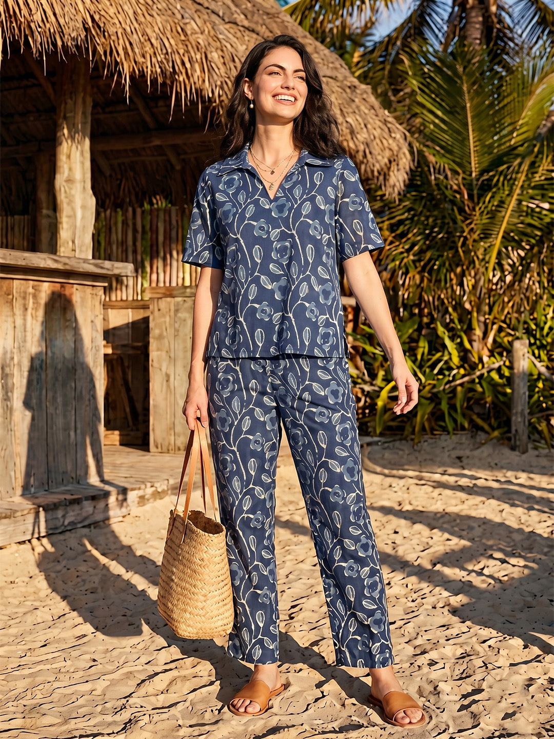 Janasya Navy Blue Straight Cotton Pant Co-ord Sets - Dista