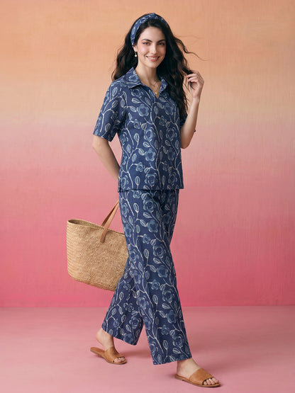 Janasya Navy Blue Straight Cotton Pant Co-ord Sets - Dista