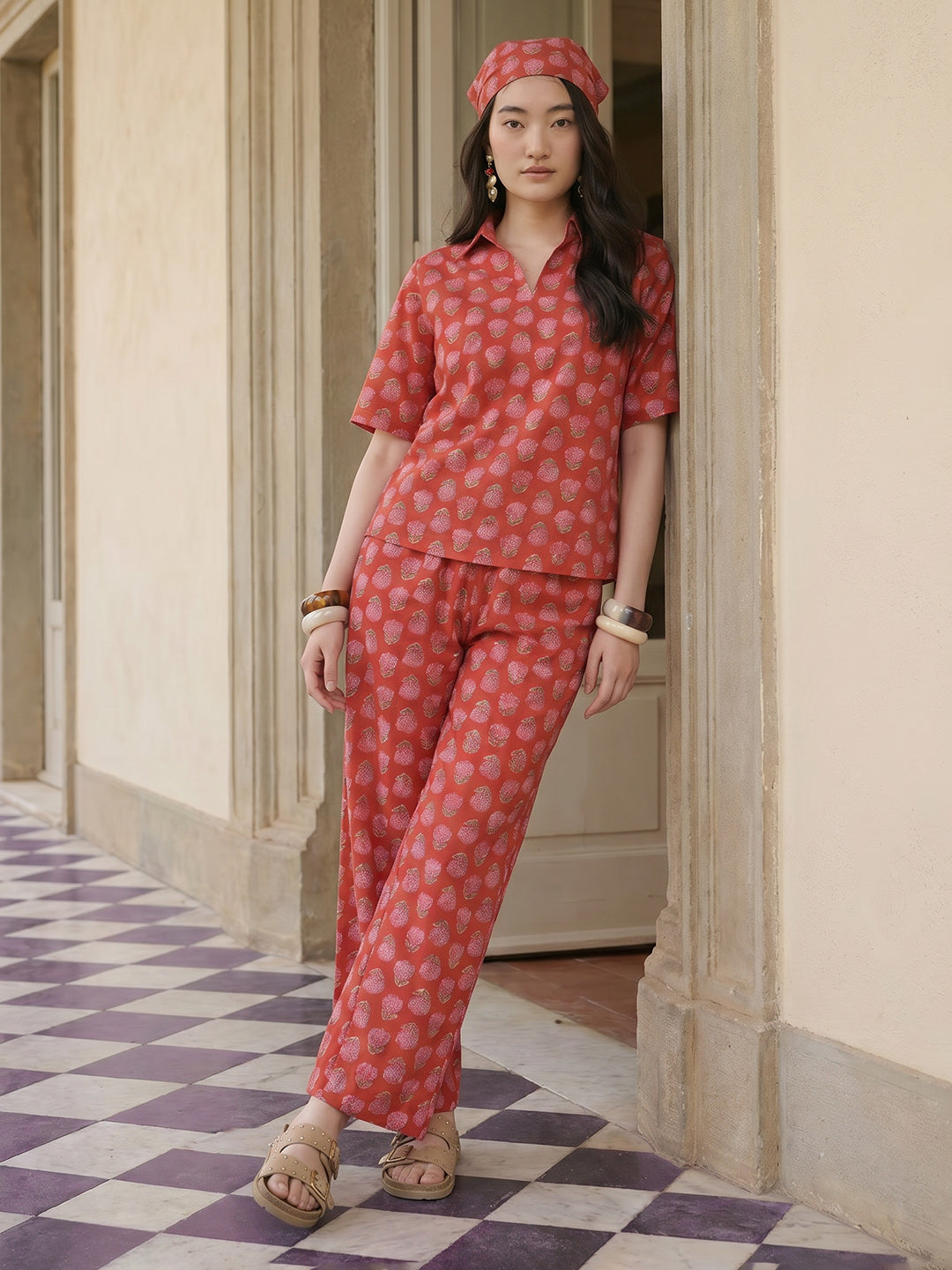 Janasya Red Straight Cotton Pant Co-ord Sets - Dista