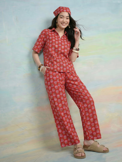 Janasya Red Straight Cotton Pant Co-ord Sets - Dista