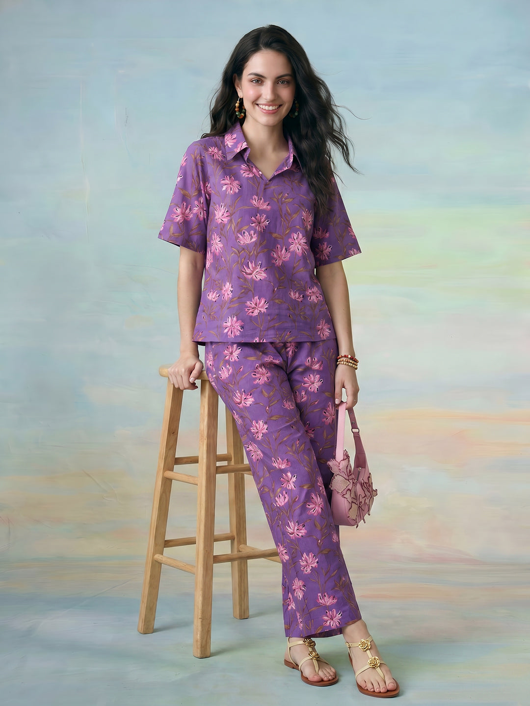 Janasya Purple Straight Cotton Pant Co-ord Sets - Dista