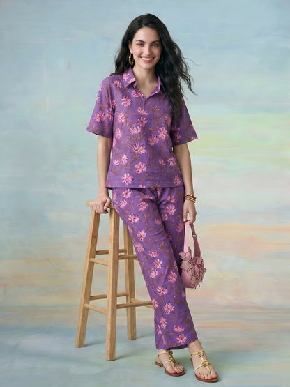 Janasya Purple Straight Cotton Pant Co-ord Sets - Dista