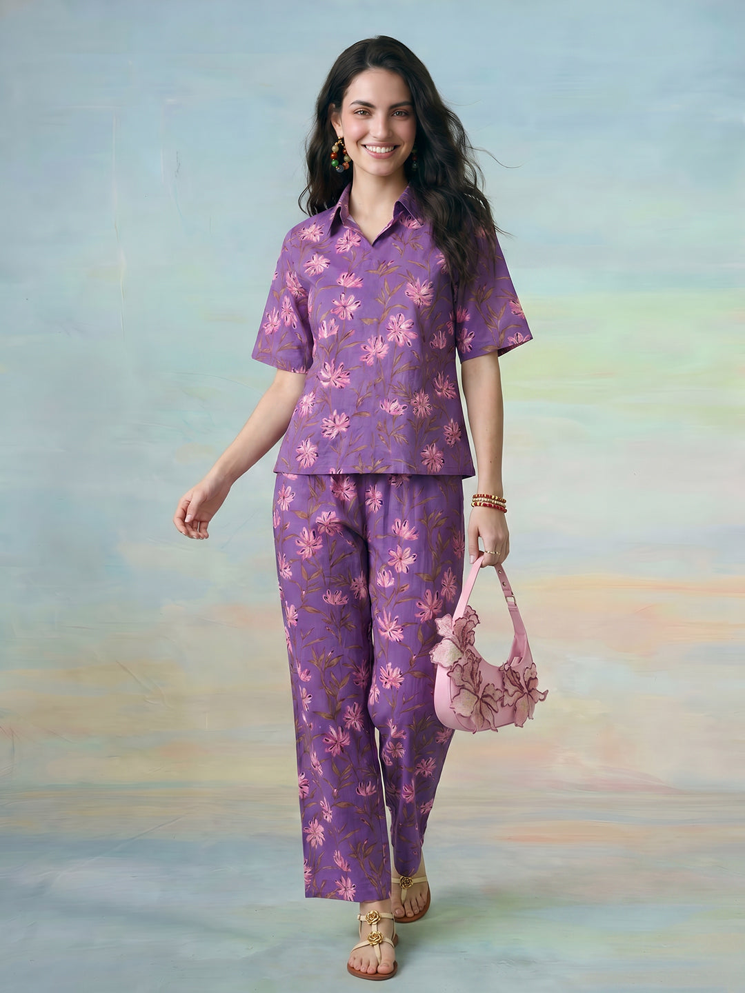 Janasya Purple Straight Cotton Pant Co-ord Sets - Dista