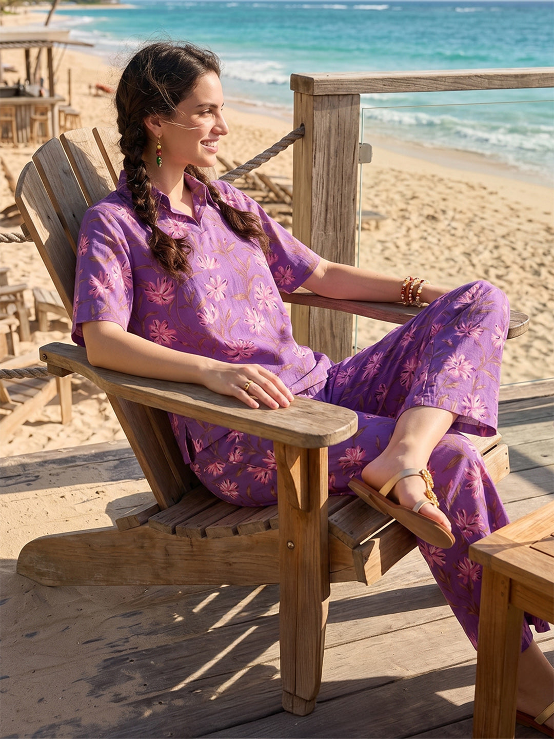 Janasya Purple Straight Cotton Pant Co-ord Sets - Dista