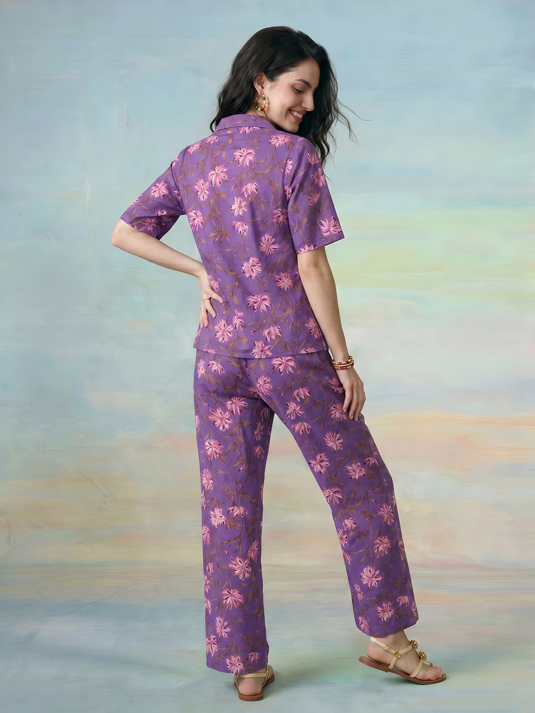 Janasya Purple Straight Cotton Pant Co-ord Sets - Dista