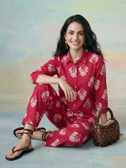 Janasya Pink Straight Cotton Pant Co-ord Sets - Dista