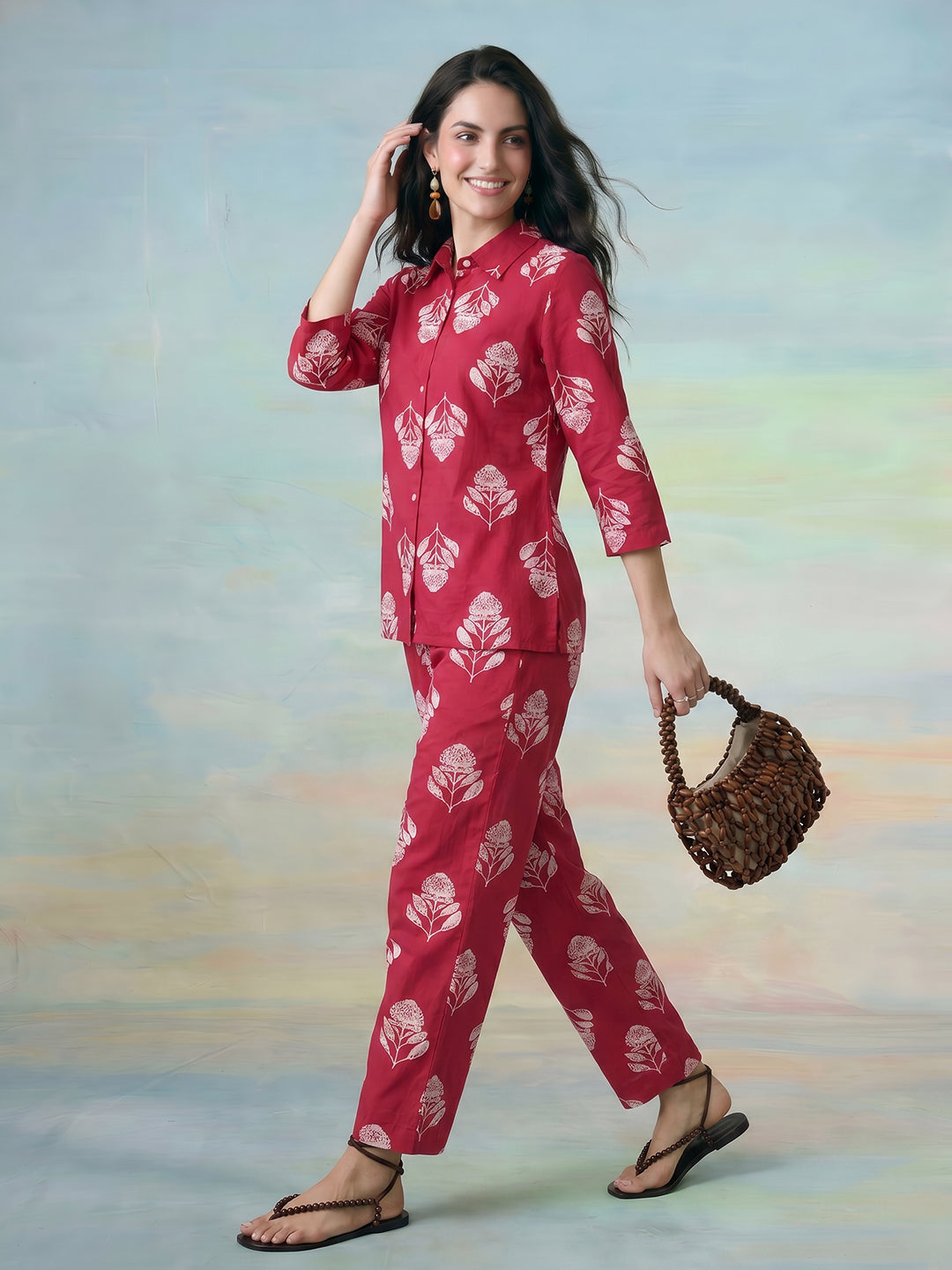 Janasya Pink Straight Cotton Pant Co-ord Sets - Dista