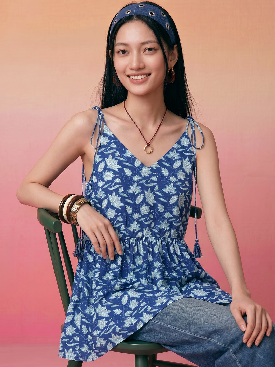 Janasya Navy Blue Peplum Cotton Top - Dista
