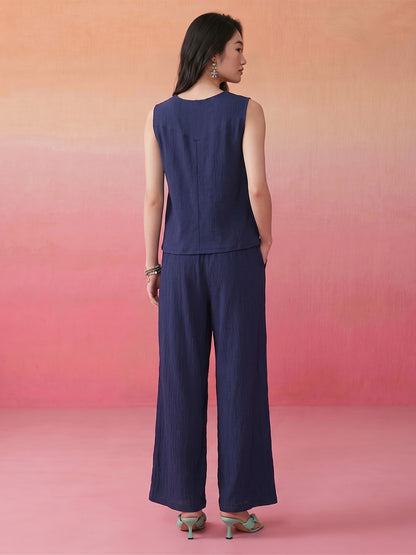 Janasya Navy Blue Straight Polyester Pant Co-ord Sets - Dista
