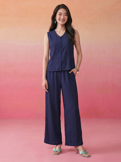 Janasya Navy Blue Straight Polyester Pant Co-ord Sets - Dista