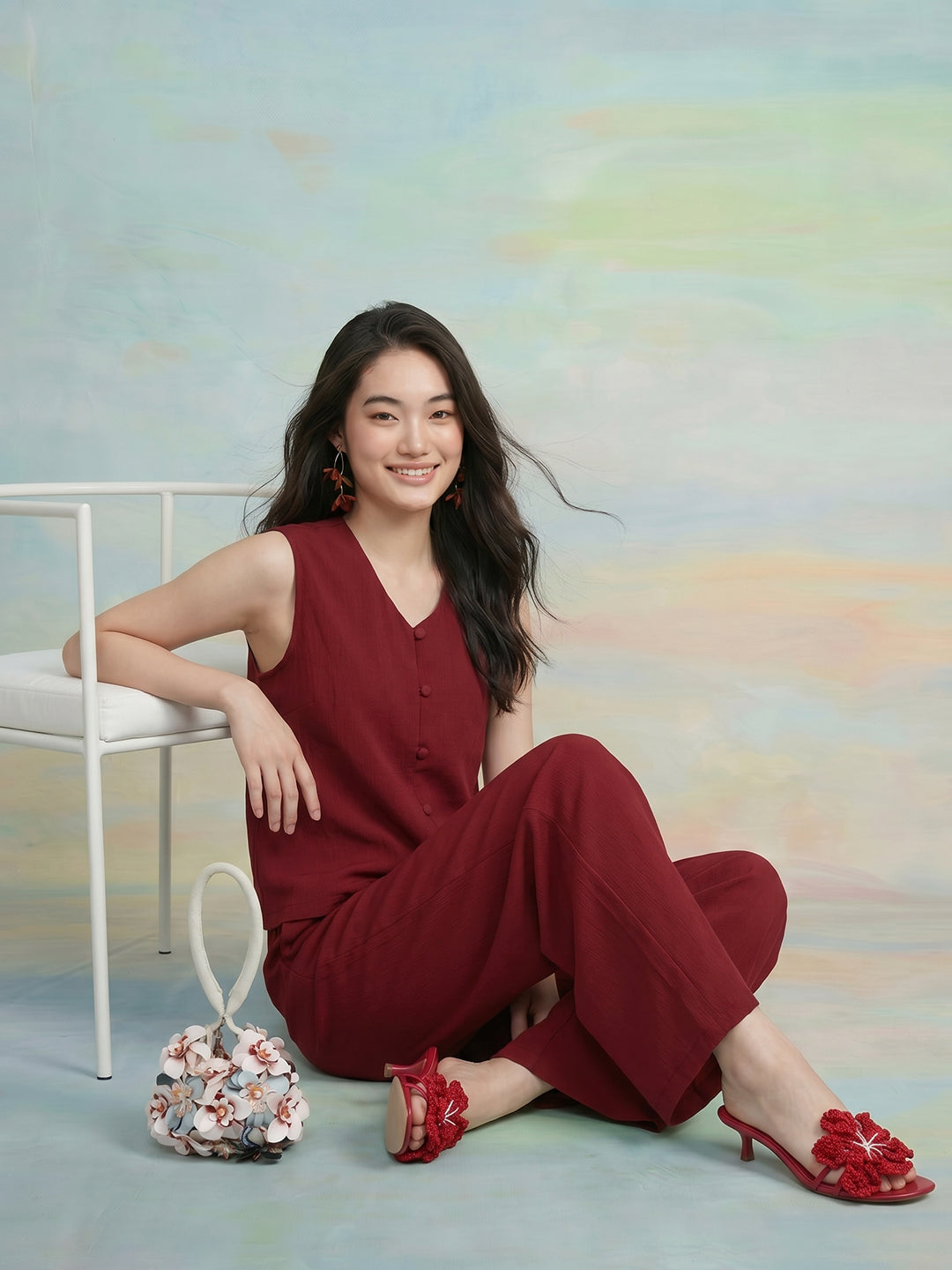 Janasya Maroon Straight Polyester Pant Co-ord Sets - Dista