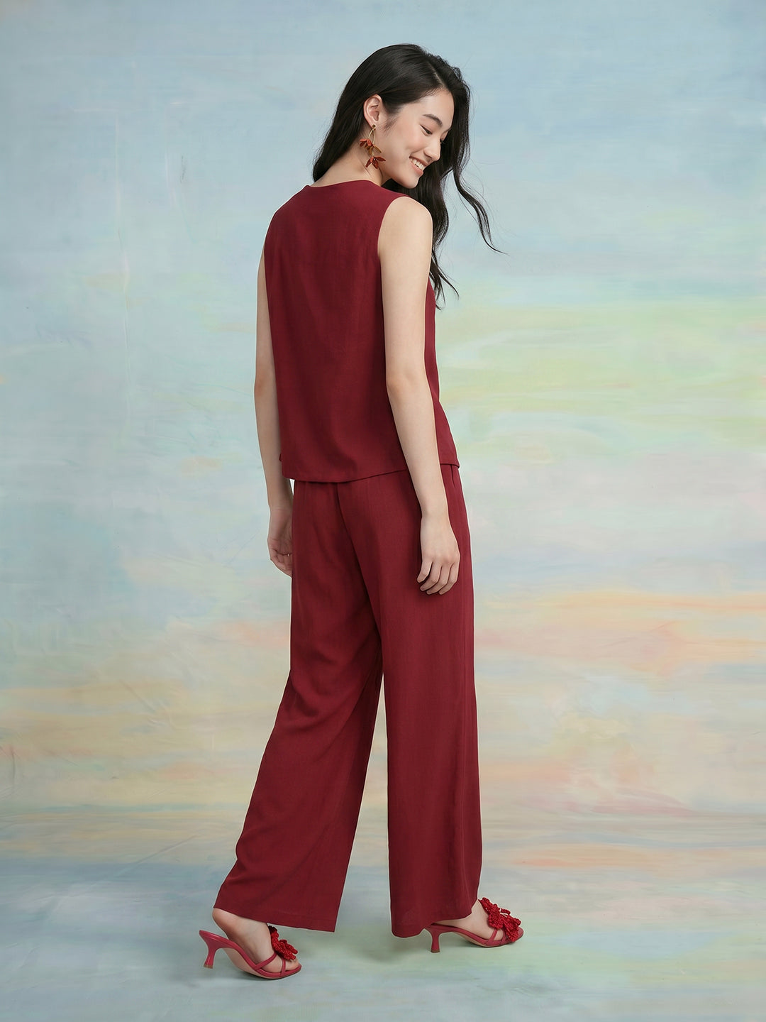 Janasya Maroon Straight Polyester Pant Co-ord Sets - Dista