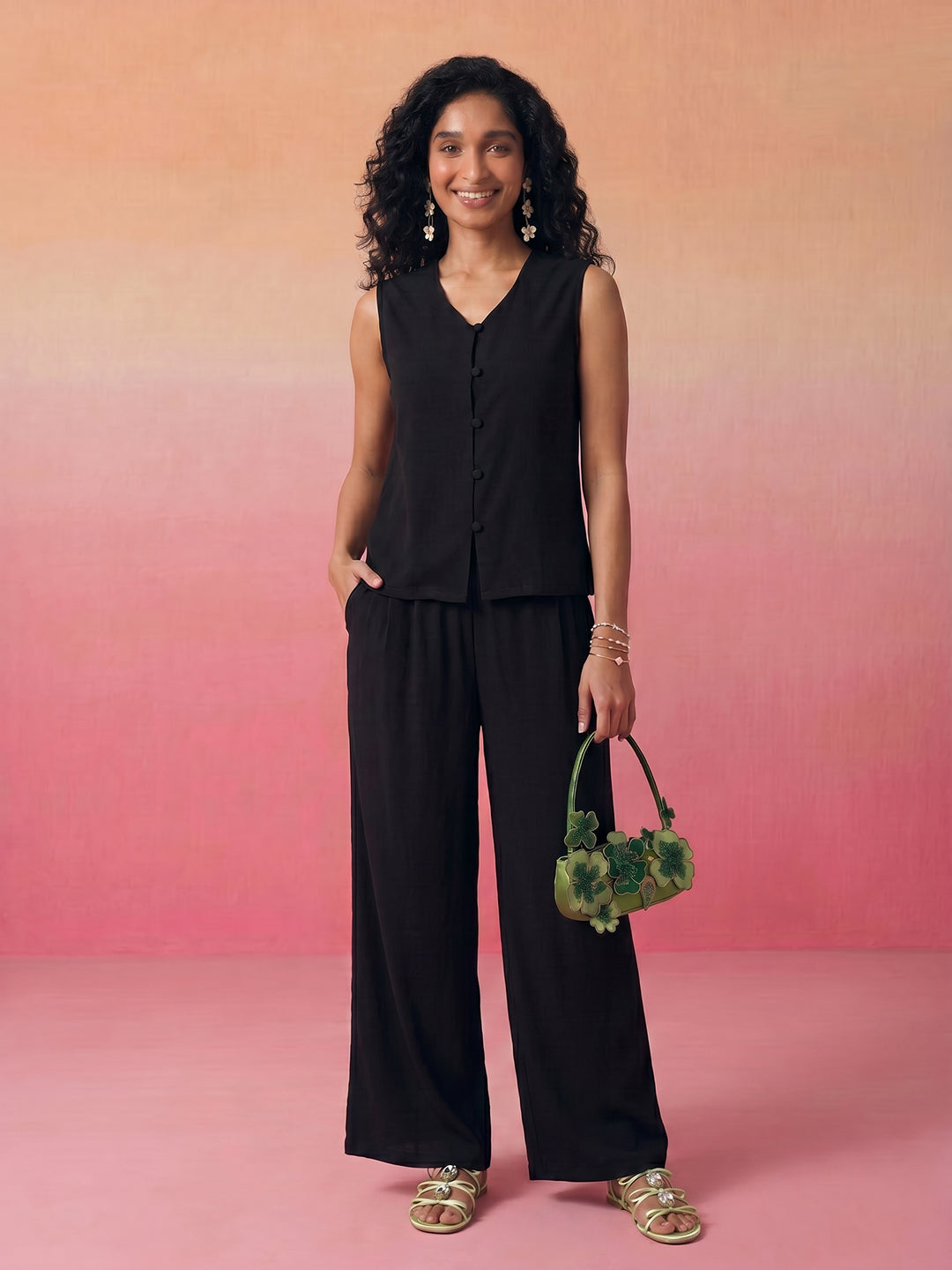 Janasya Black Straight Polyester Pant Co-ord Sets - Dista