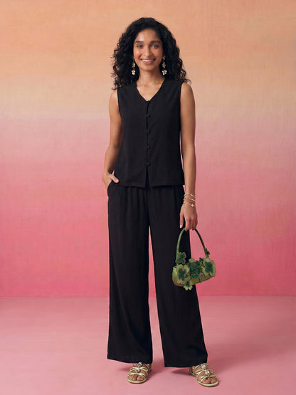 Janasya Black Straight Polyester Pant Co-ord Sets - Dista