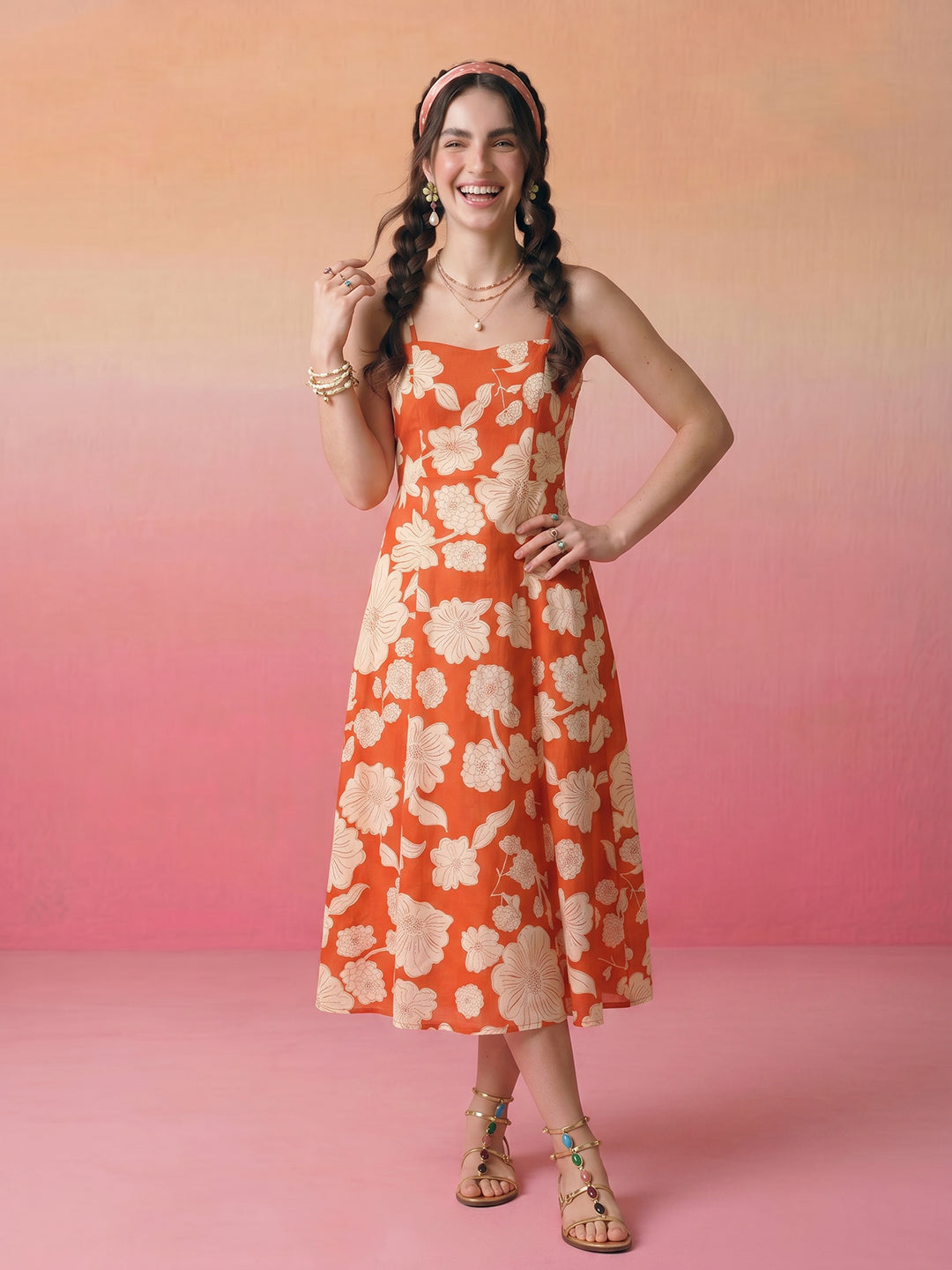 Janasya Orange Fit & Flare Cotton Dress - Dista