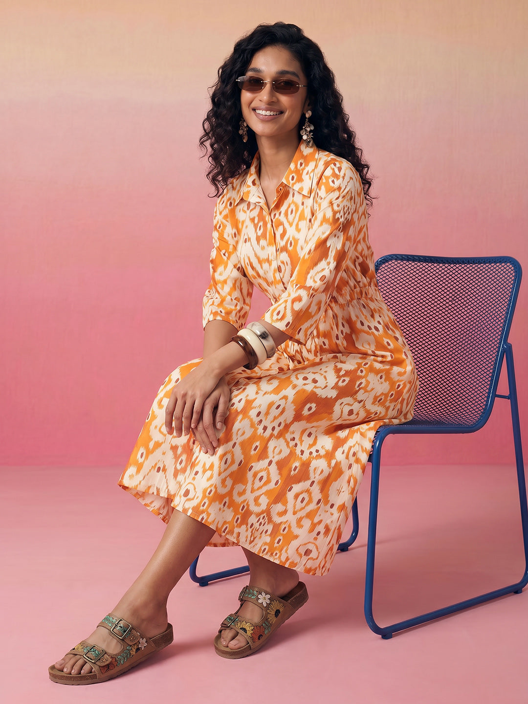 Janasya Orange A-Line Cotton Dress - Dista