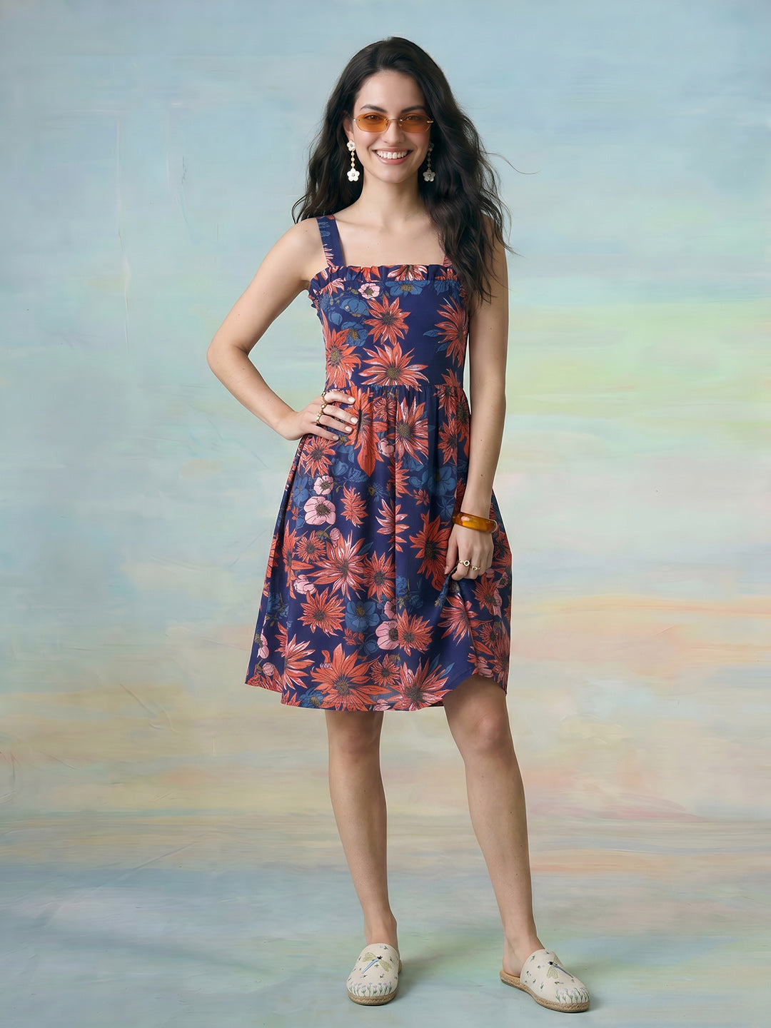 Janasya Blue Fit & Flare Cotton Dress - Dista