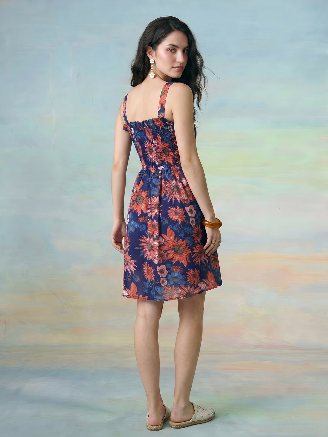 Janasya Blue Fit & Flare Cotton Dress - Dista