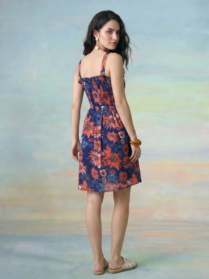 Janasya Blue Fit & Flare Cotton Dress - Dista