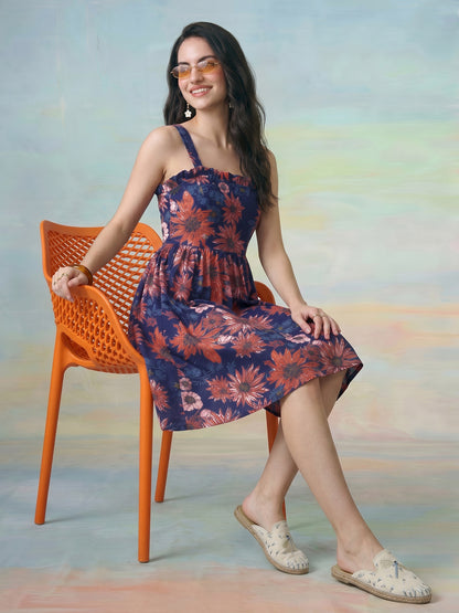 Janasya Blue Fit & Flare Cotton Dress - Dista