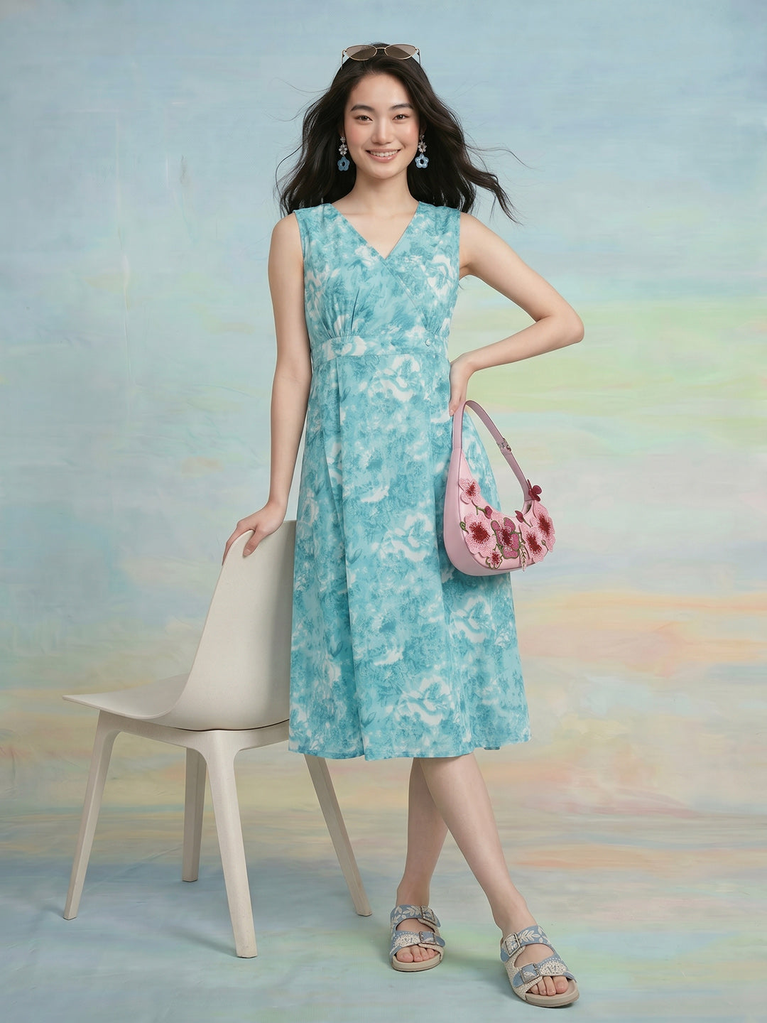 Janasya Sky Blue A-Line Cotton Dress - Dista