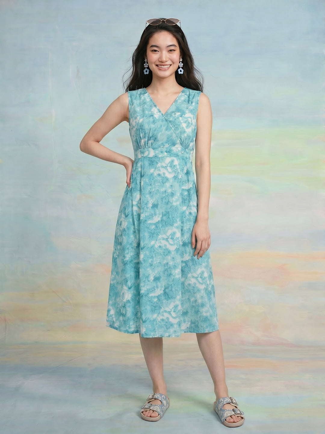 Janasya Sky Blue A-Line Cotton Dress - Dista