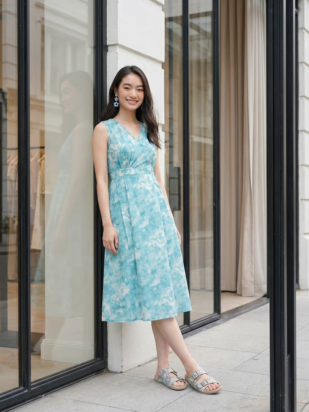 Janasya Sky Blue A-Line Cotton Dress - Dista