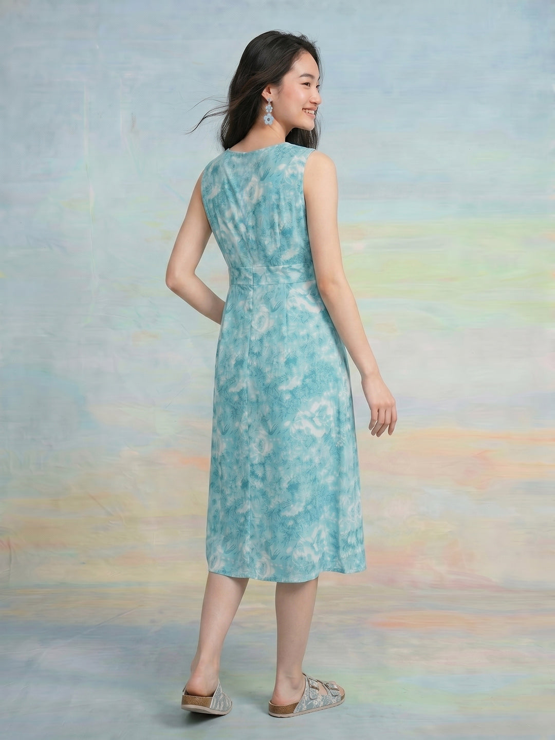 Janasya Sky Blue A-Line Cotton Dress - Dista