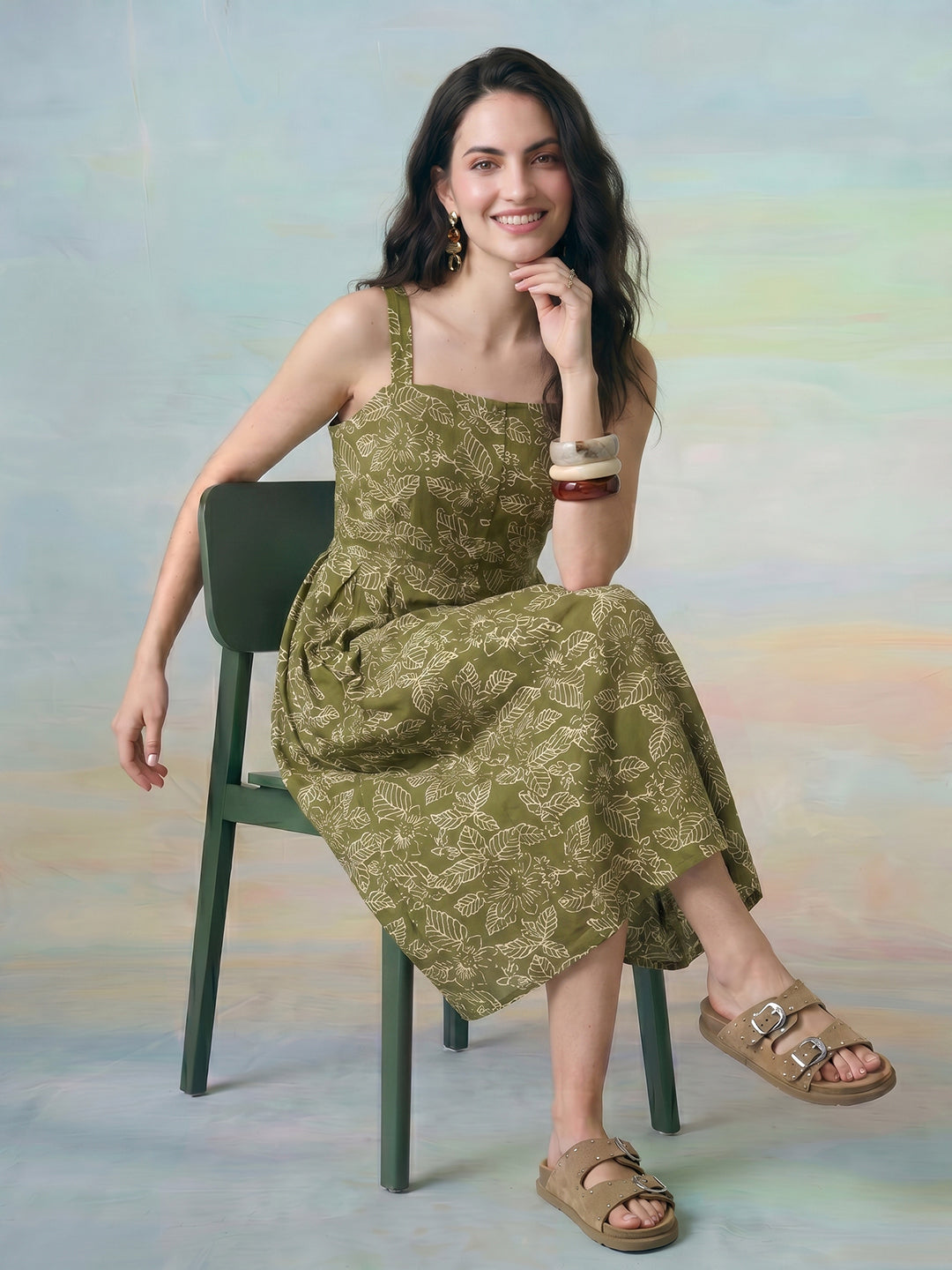 Janasya Olive A-Line Cotton Dress - Dista