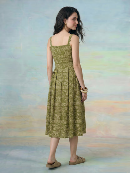 Janasya Olive A-Line Cotton Dress - Dista