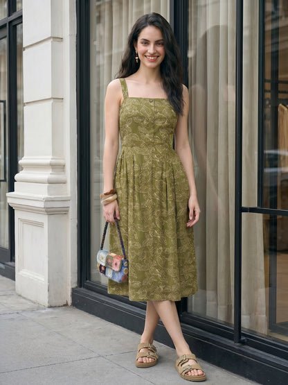 Janasya Olive A-Line Cotton Dress - Dista