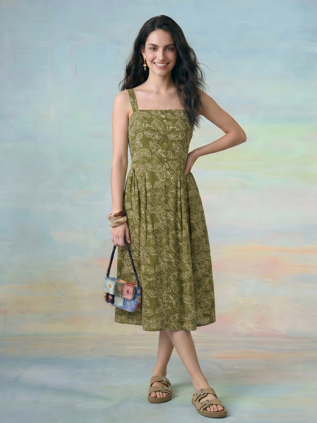 Janasya Olive A-Line Cotton Dress - Dista