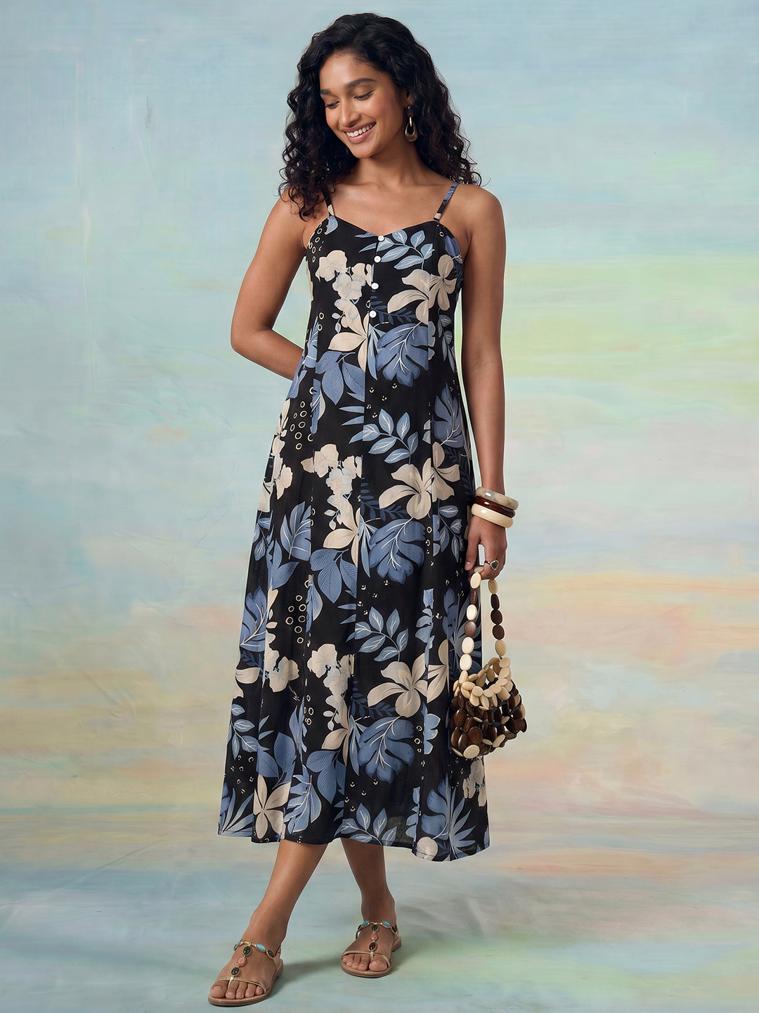 Janasya Black A-Line Cotton Dress - Dista