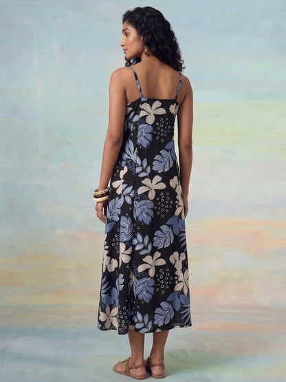 Janasya Black A-Line Cotton Dress - Dista