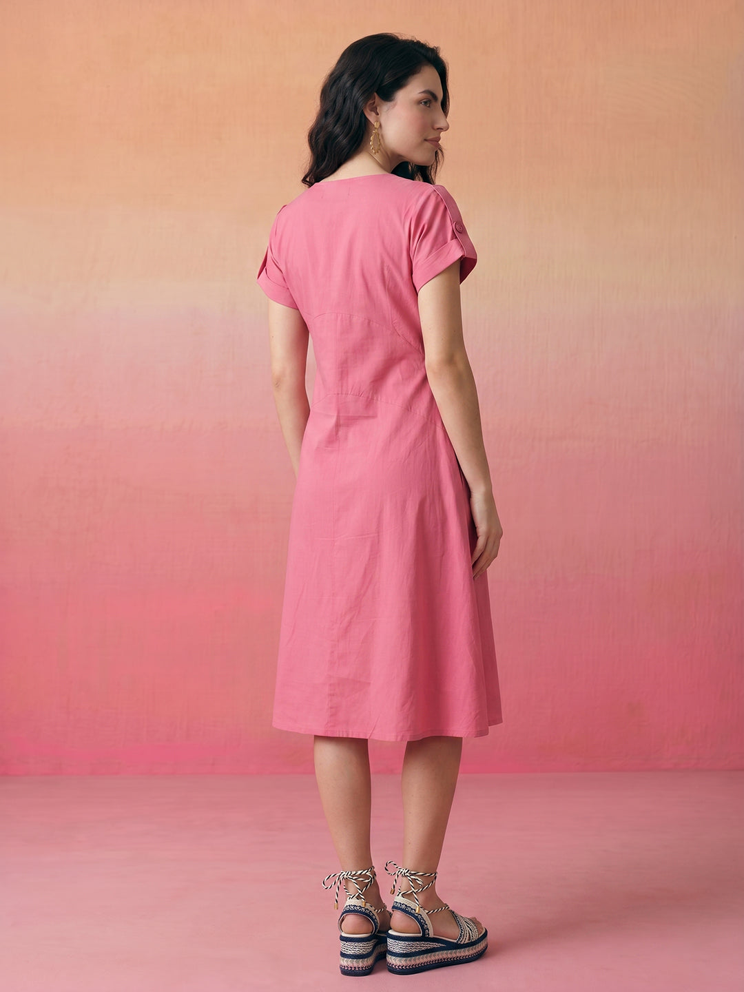 Janasya Pink A-Line Cotton Dress - Dista