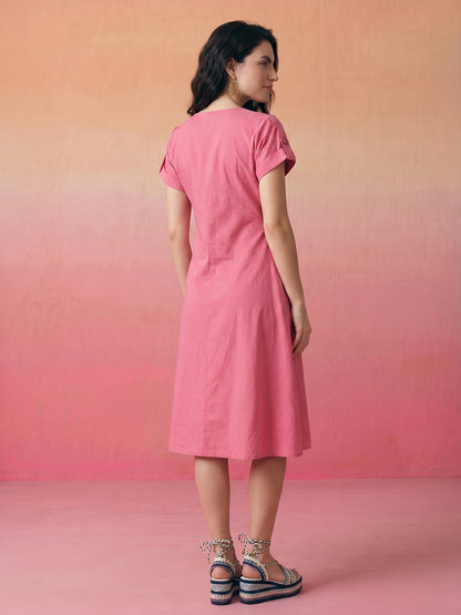 Janasya Pink A-Line Cotton Dress - Dista