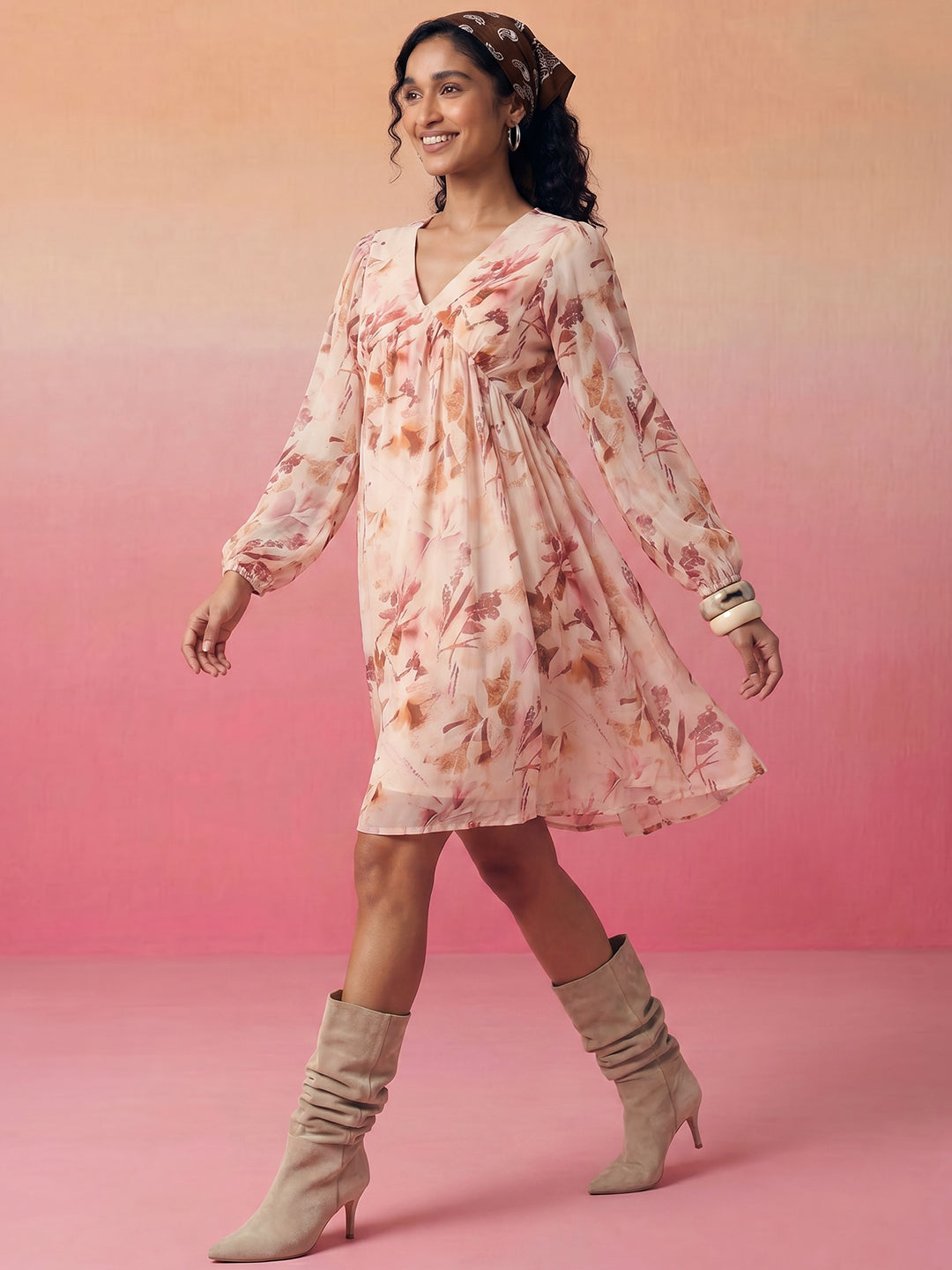 Janasya Peach A-Line Georgette Dress - Dista