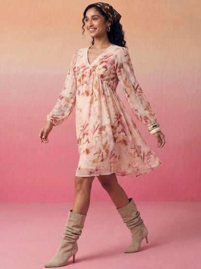 Janasya Peach A-Line Georgette Dress - Dista