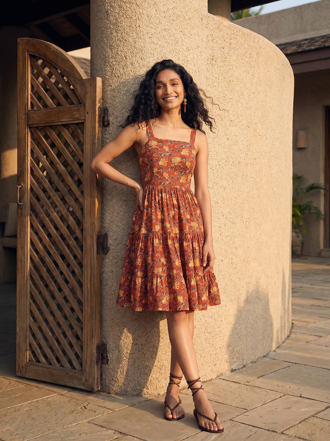 Janasya Red Tiered Cotton Dress - Dista