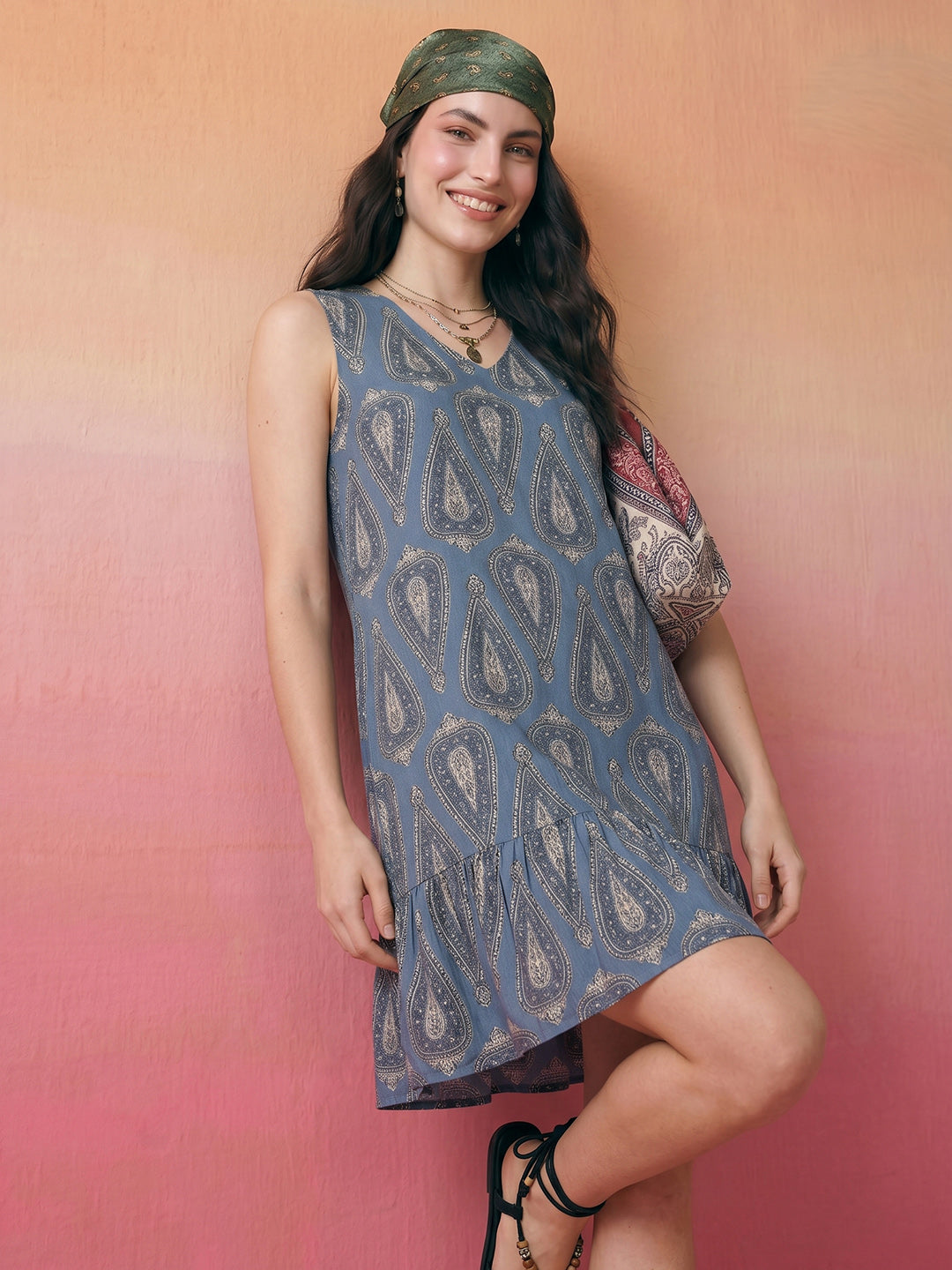 Janasya Blue A-Line Cotton Dress - Dista