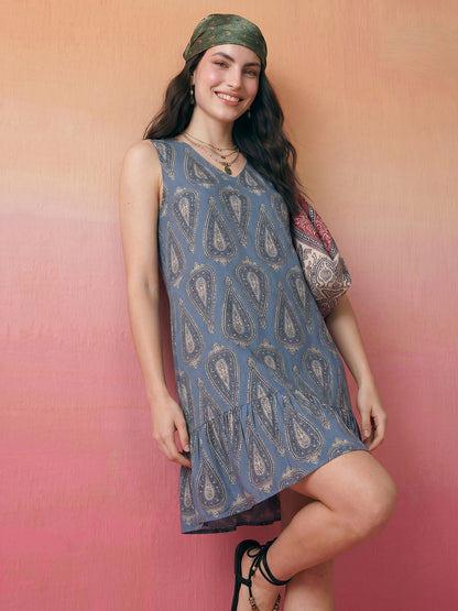 Janasya Blue A-Line Cotton Dress - Dista